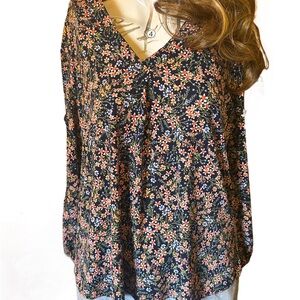 Vince Camuto Black Floral V-Neck Blouse with Coral & Green Sprigs